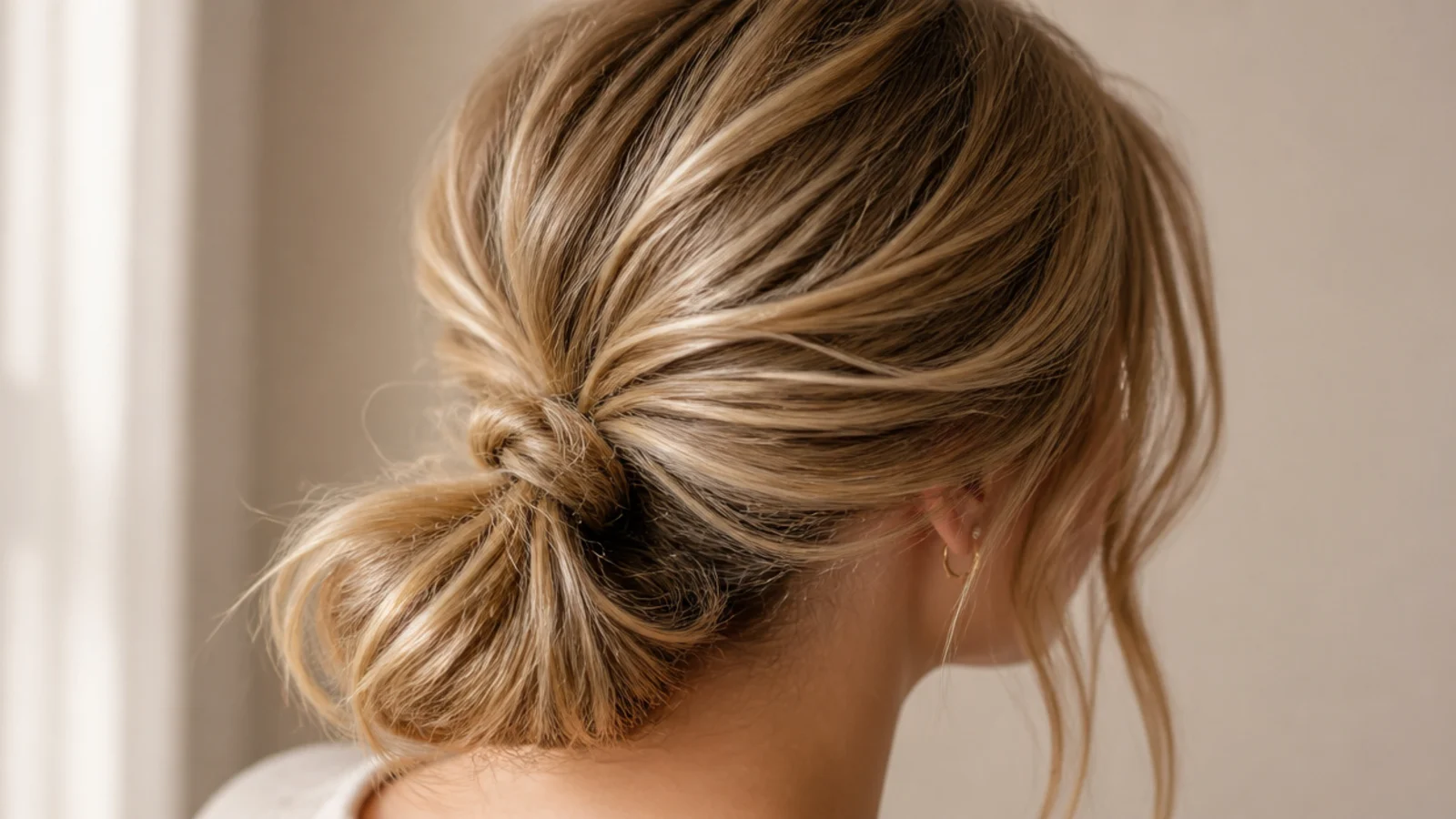 Low messy ponytail with the tail folded under and pinned into a soft looped shape