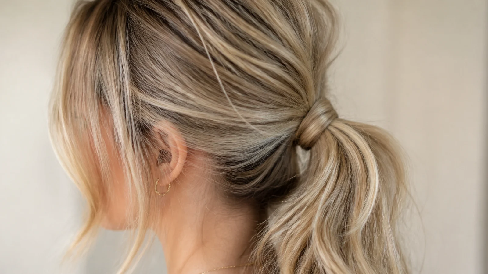 Second day messy ponytail built in five minutes with dry shampoo at the roots and finger-combed lengths
