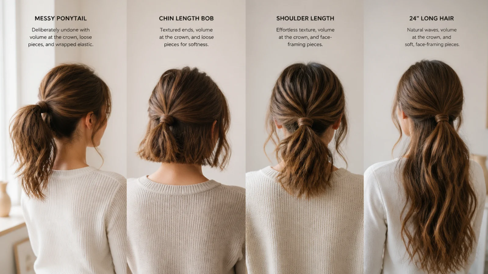 Messy ponytail compared on a chin length bob, shoulder length hair and 24 inch long hair