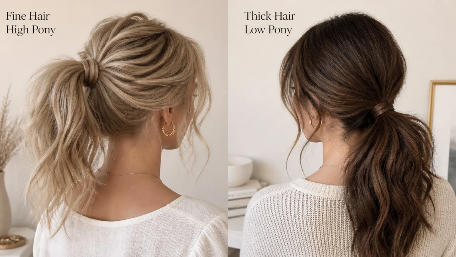 Messy ponytail styled for fine hair at a high tie and for thick hair at a low tie