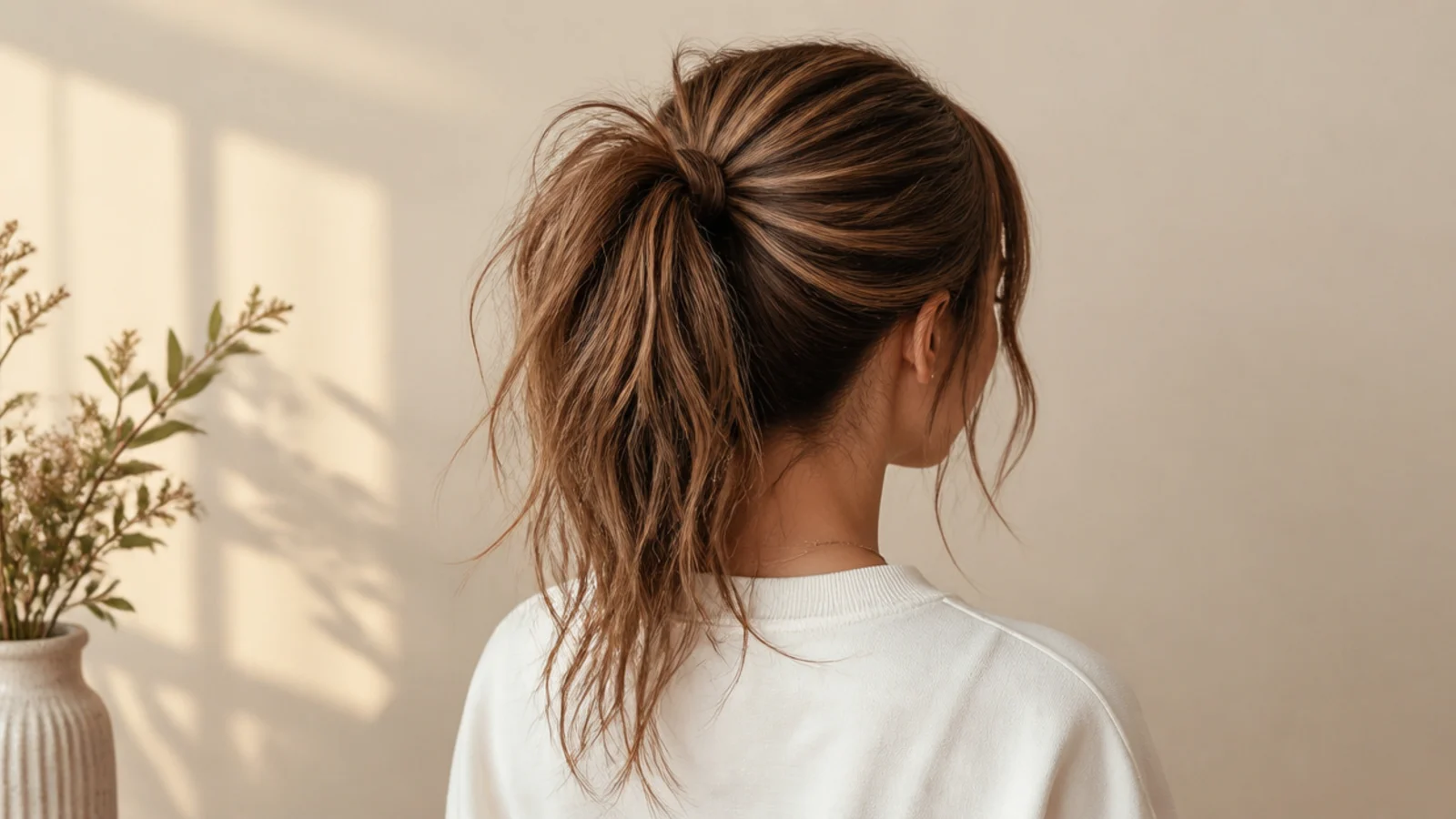 Cute messy ponytail tied at the crown with loose temple pieces and a tugged, voluminous crown