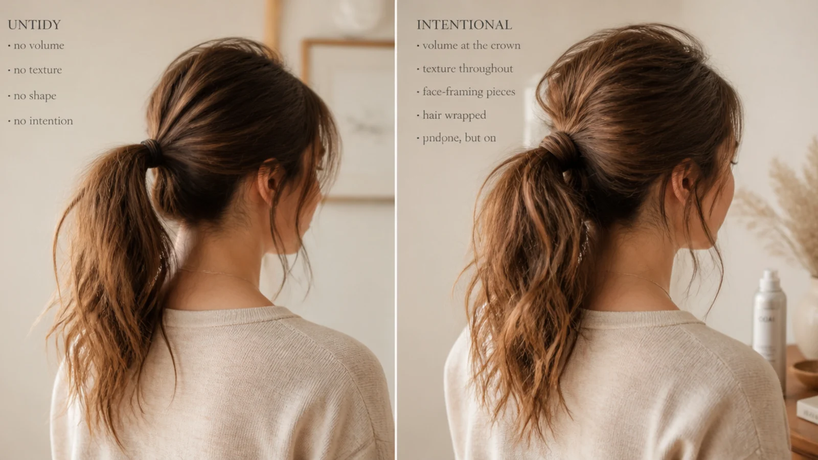 Messy ponytail that reads intentional compared with one that reads untidy on the same hair
