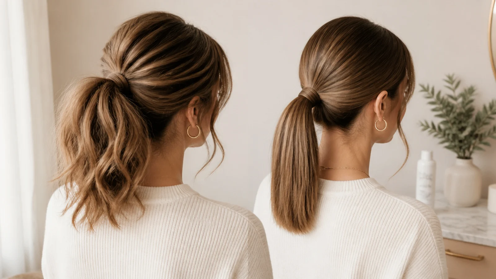 Messy ponytail and sleek ponytail compared side by side on the same shoulder length hair
