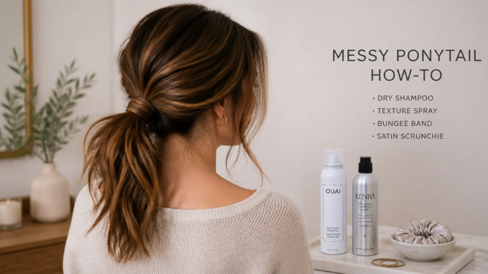 Dry shampoo, texture spray, bungee band and satin scrunchie laid out for a messy ponytail