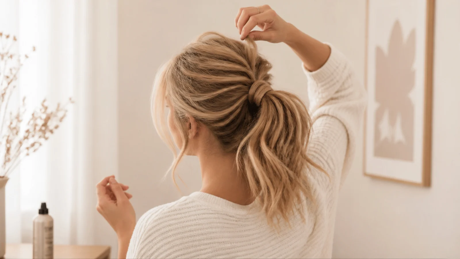 Messy ponytail with a lifted voluminous crown built by tugging small sections upward after tying