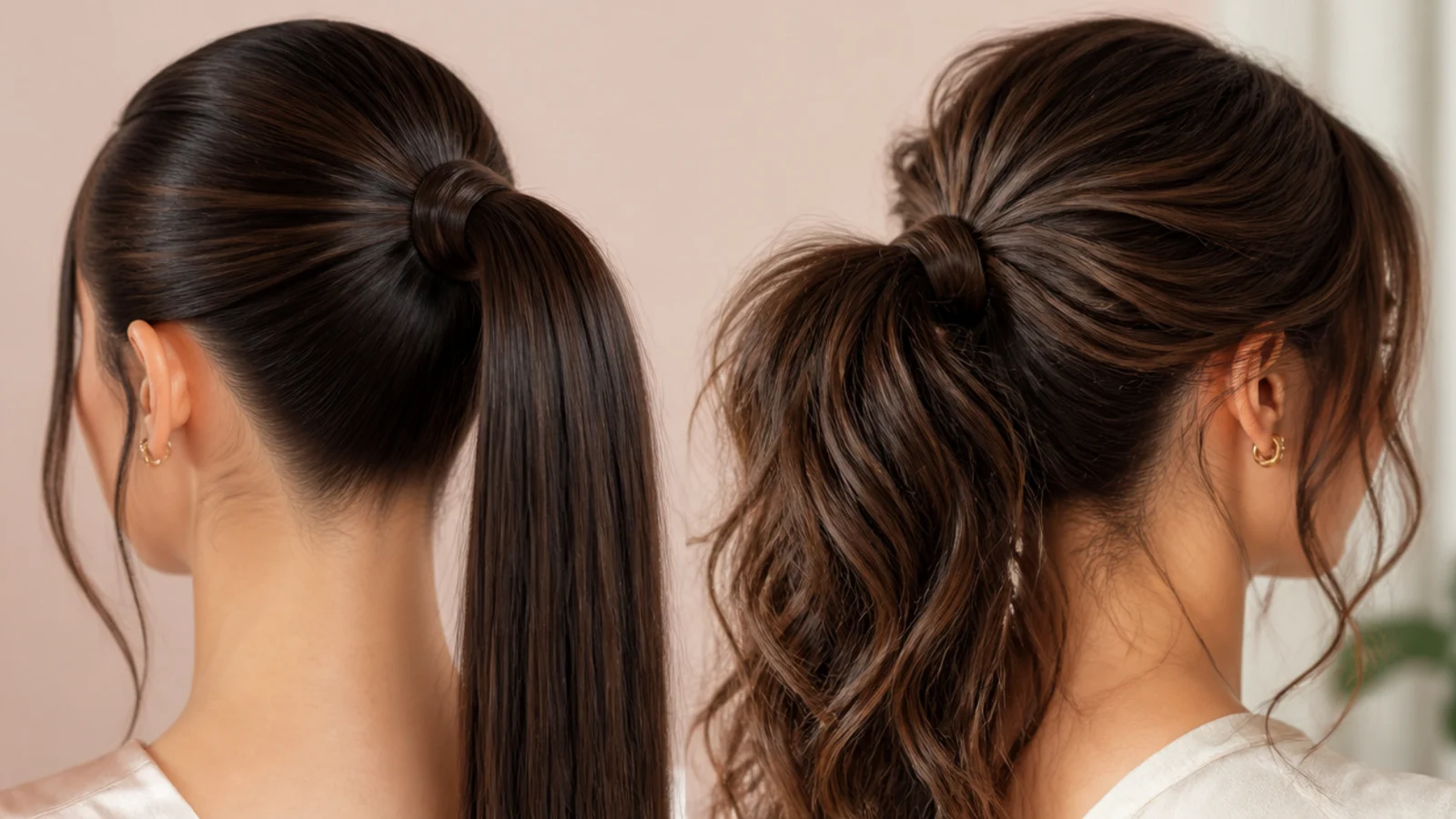 Wedding guest sleek high ponytail with glossy finish next to a romantic messy ponytail with tendrils