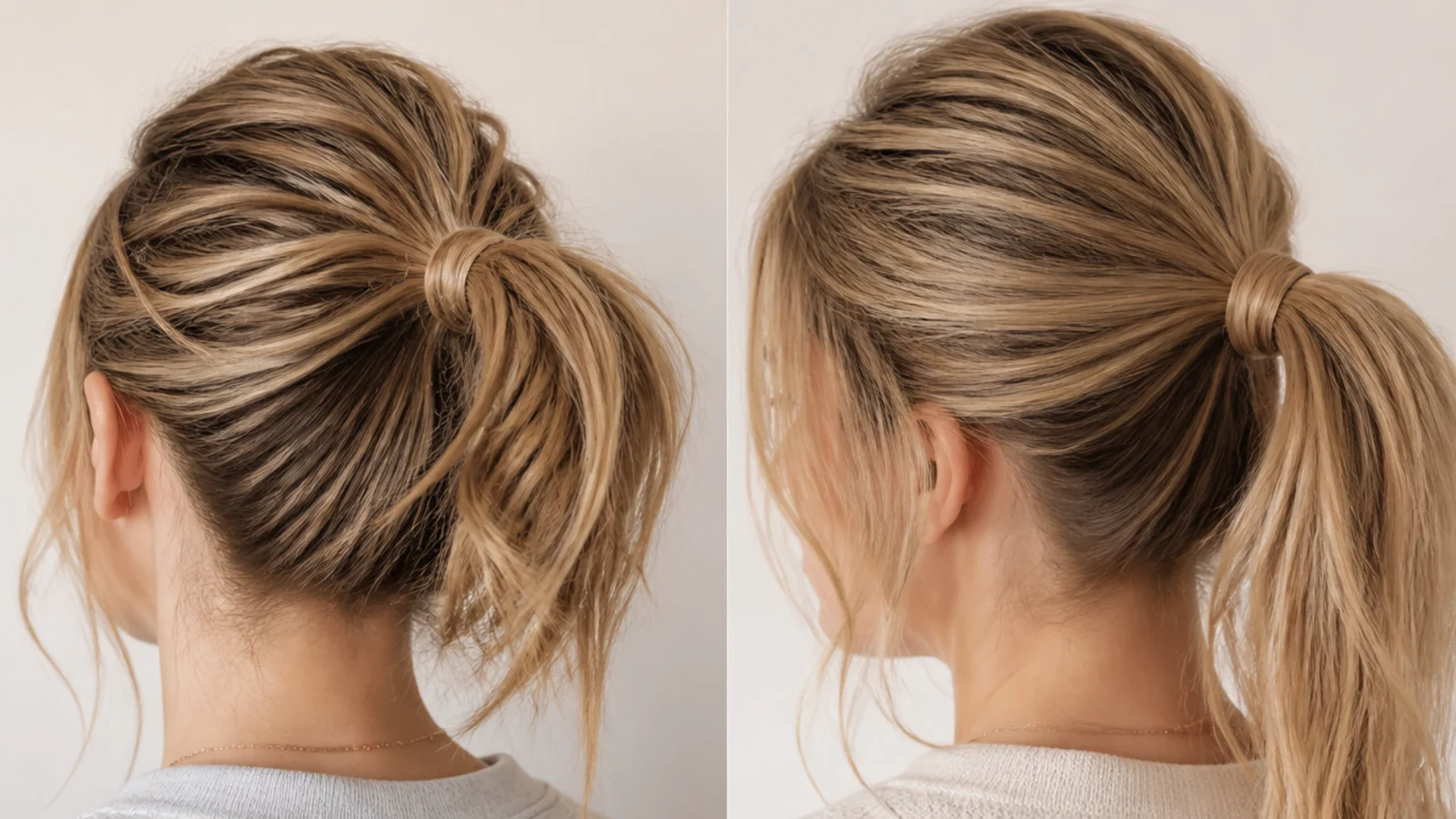 Sleek ponytail hiding greasy day three roots compared with a messy ponytail prepped with dry shampoo