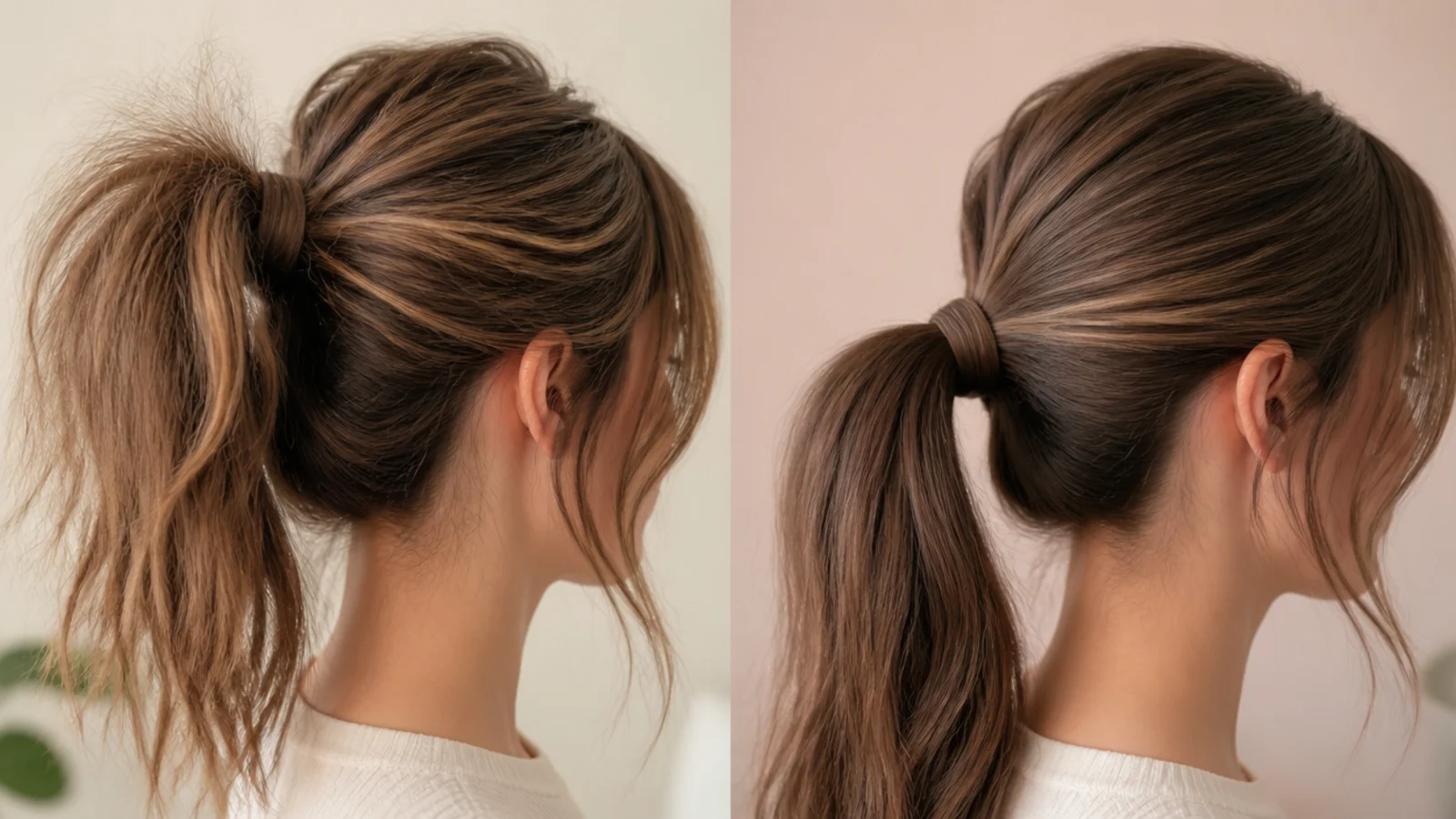 Sleek ponytail with halo frizz in humid weather next to a messy ponytail unaffected by humidity