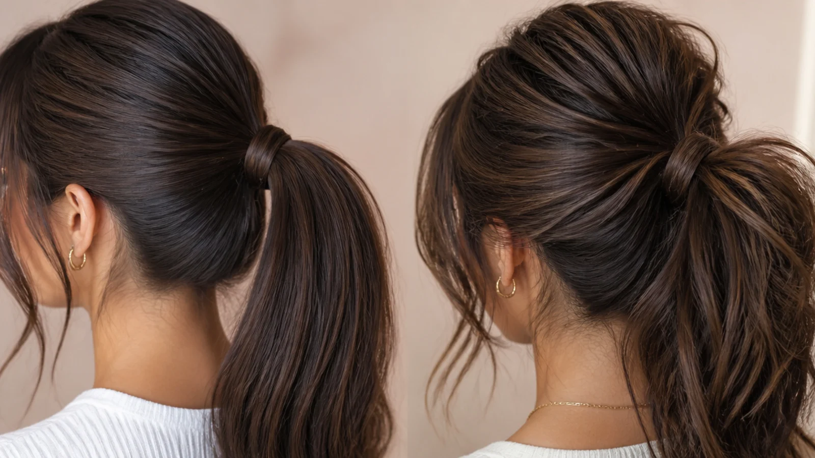 Thick coarse hair styled in a smooth sleek ponytail next to a loosely tied thick messy ponytail