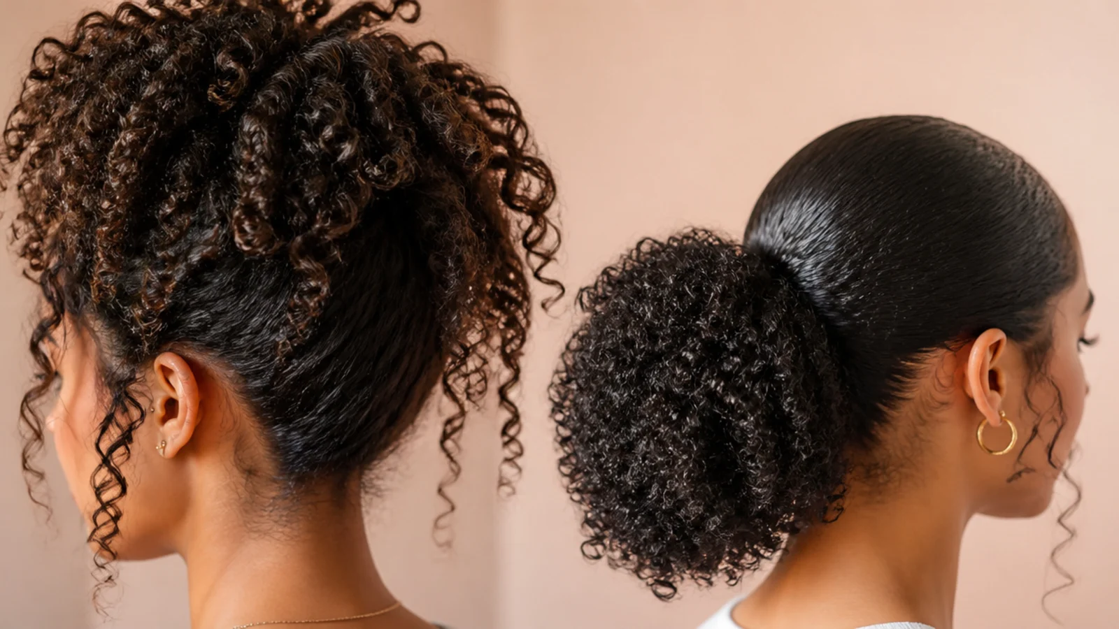 Curly 3b hair in a messy pineapple ponytail beside a slicked sleek ponytail on coily 4a hair