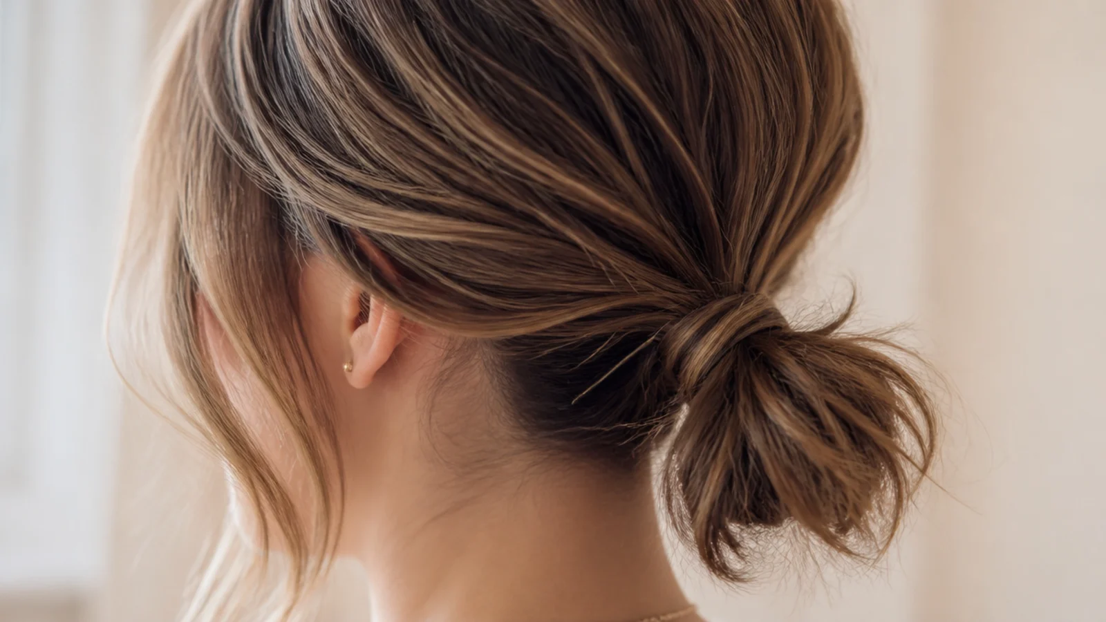 Short bob length hair in a small messy ponytail secured with a bungee band and pins at the nape