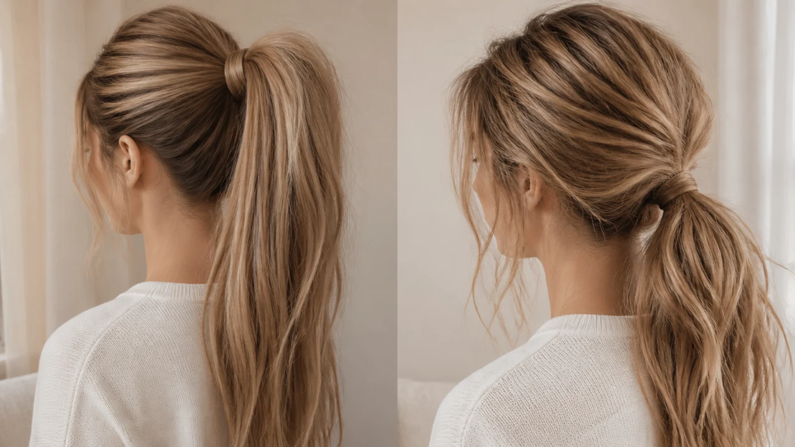Long hair past the waist in a high sleek ponytail compared with a low tousled messy ponytail