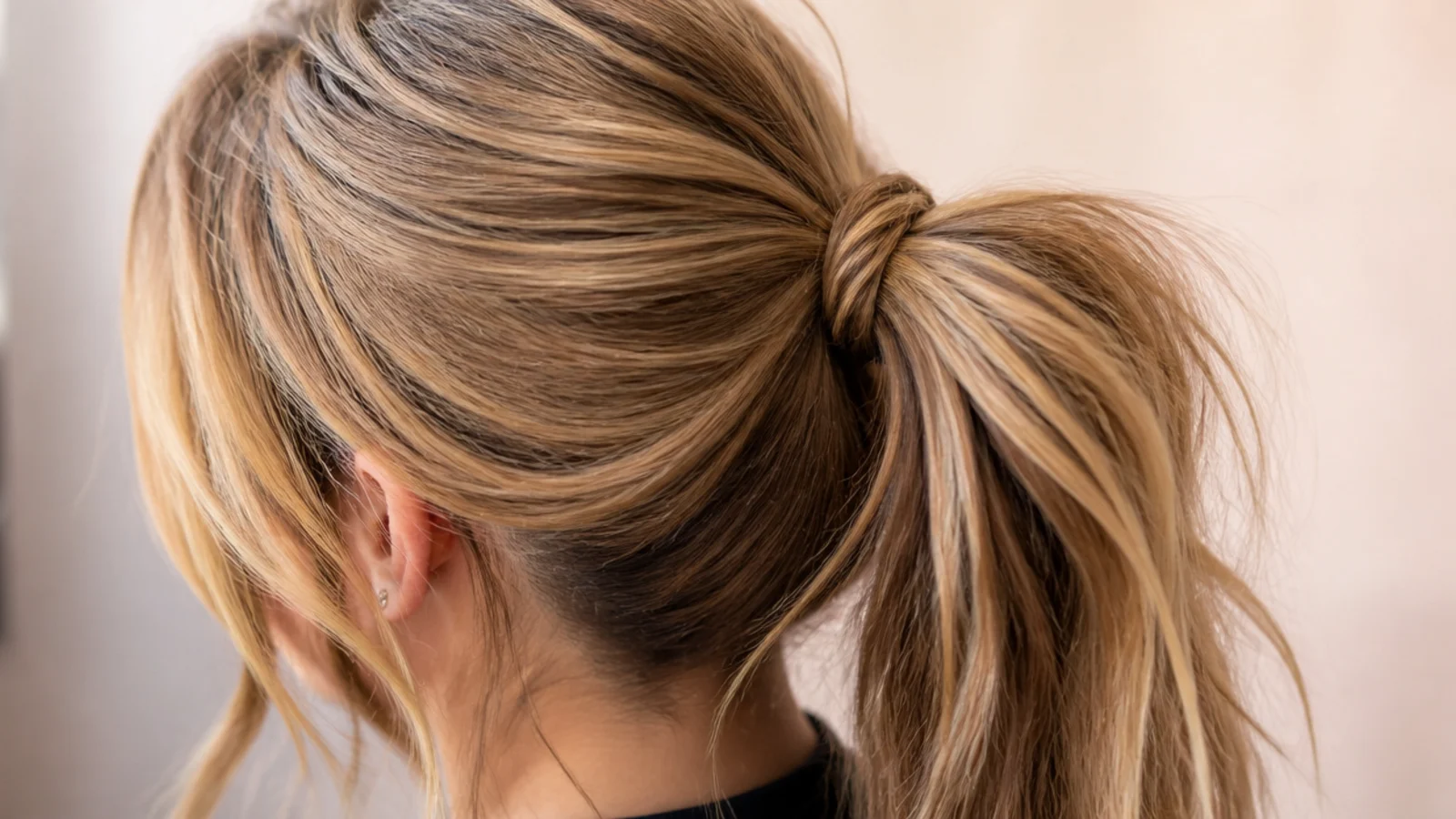High messy ponytail secured for a workout with a grippy elastic and pinned nape layers