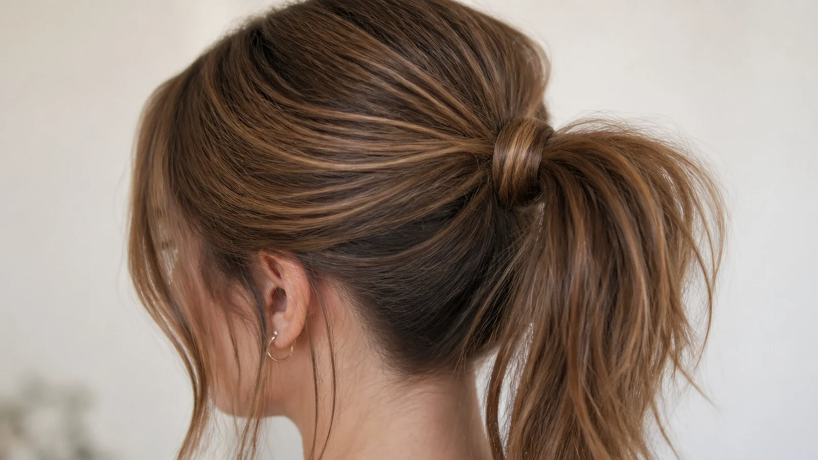 Round face with a high messy ponytail adding crown height and soft face-framing temple pieces