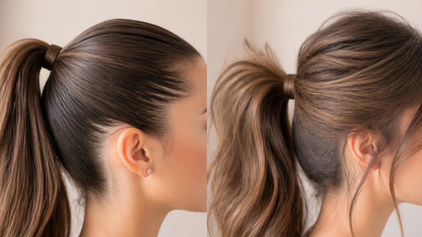 Hairline close up showing where a tight sleek ponytail pulls at the temples compared to a loose messy tie
