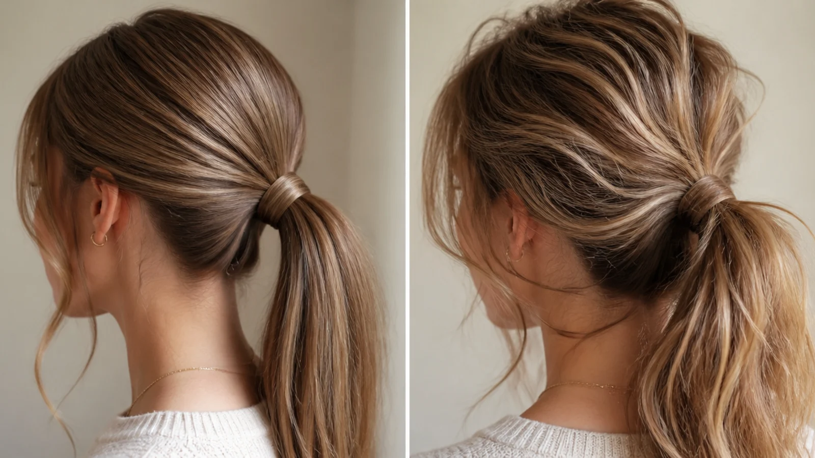 Sleek ponytail with a smooth crown photographing cleanly on a video call compared with a messy ponytail