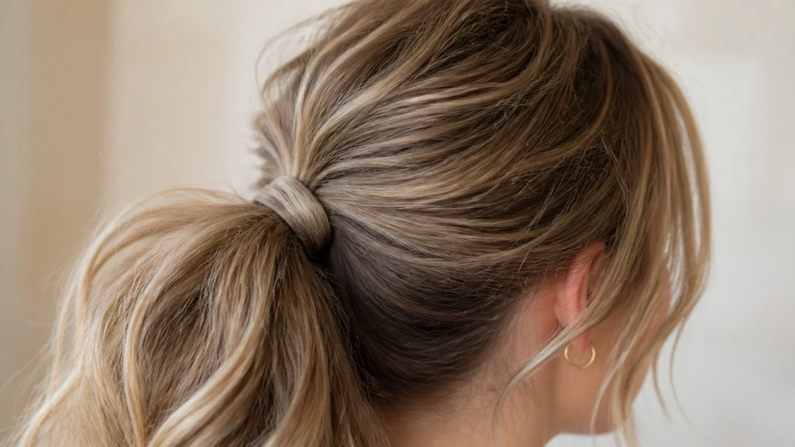 Ponytail base with a wrapped hair section pinned underneath for all day hold and polish