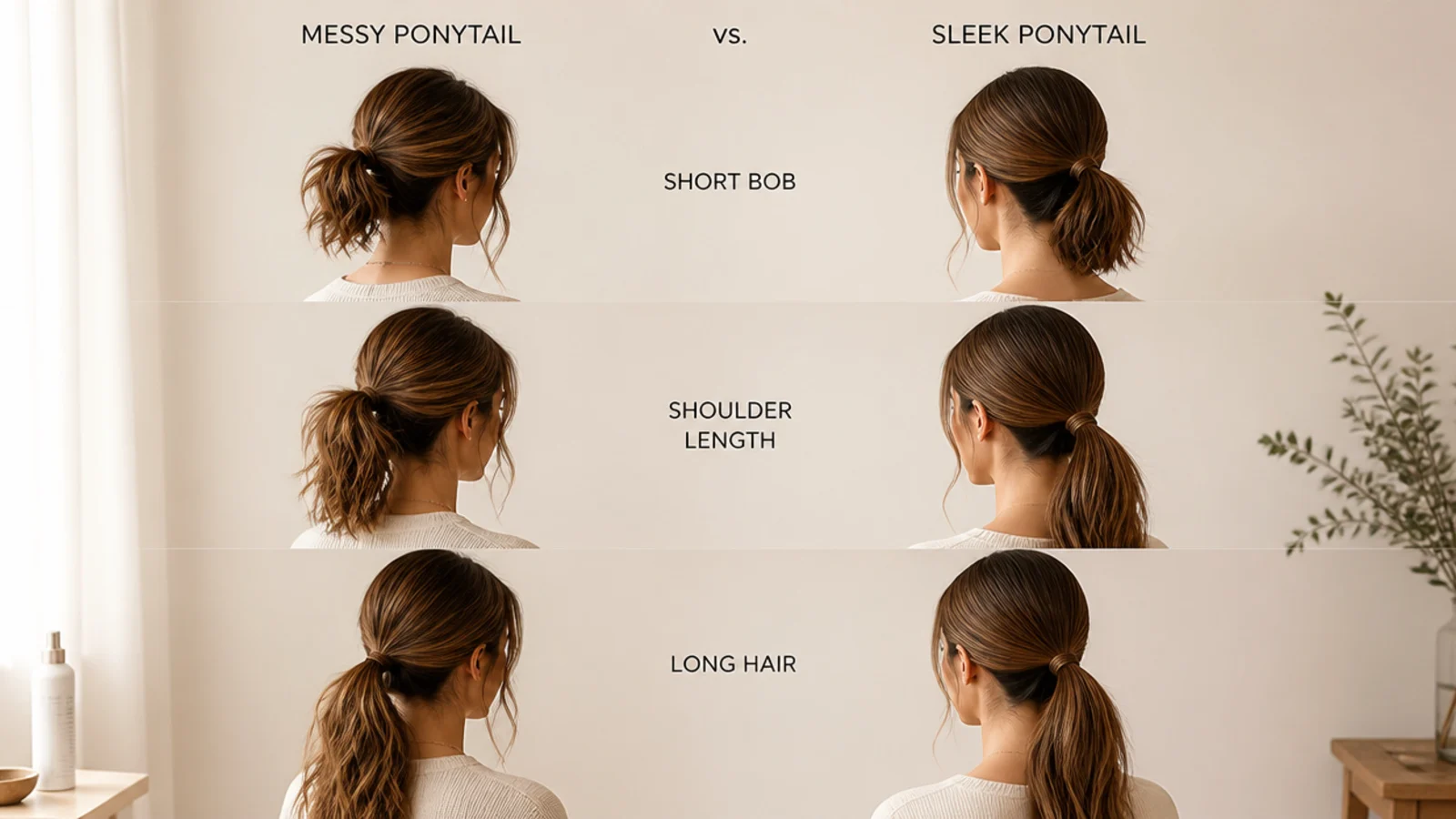 Messy versus sleek ponytail compared on short bob length hair, shoulder length hair and long hair
