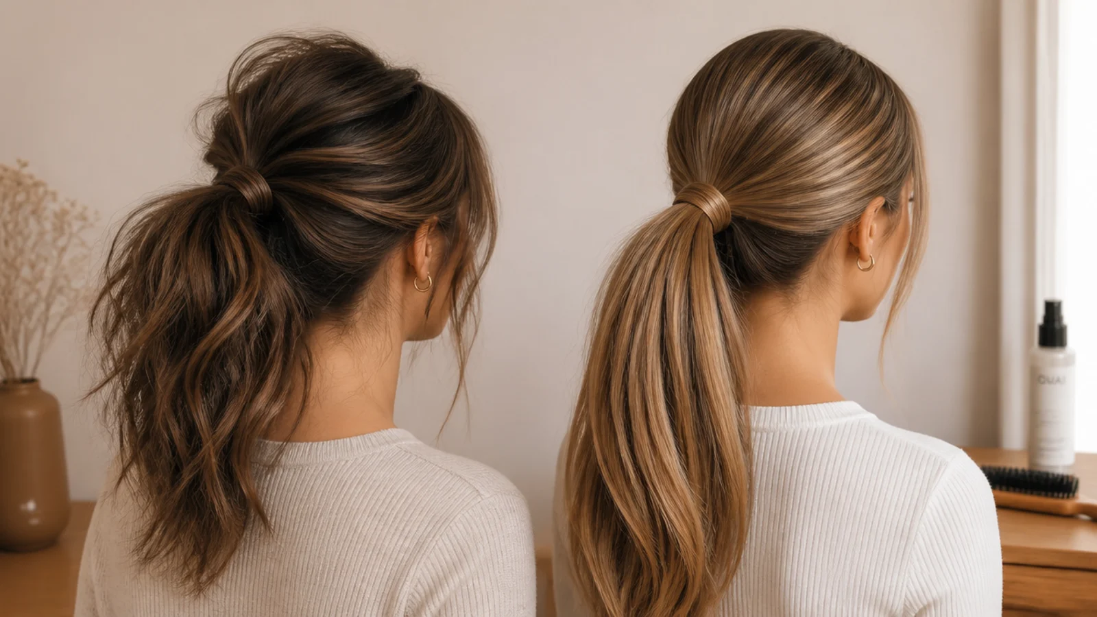 Fine hair messy ponytail with teased base beside a thick hair sleek ponytail with a smoothed crown