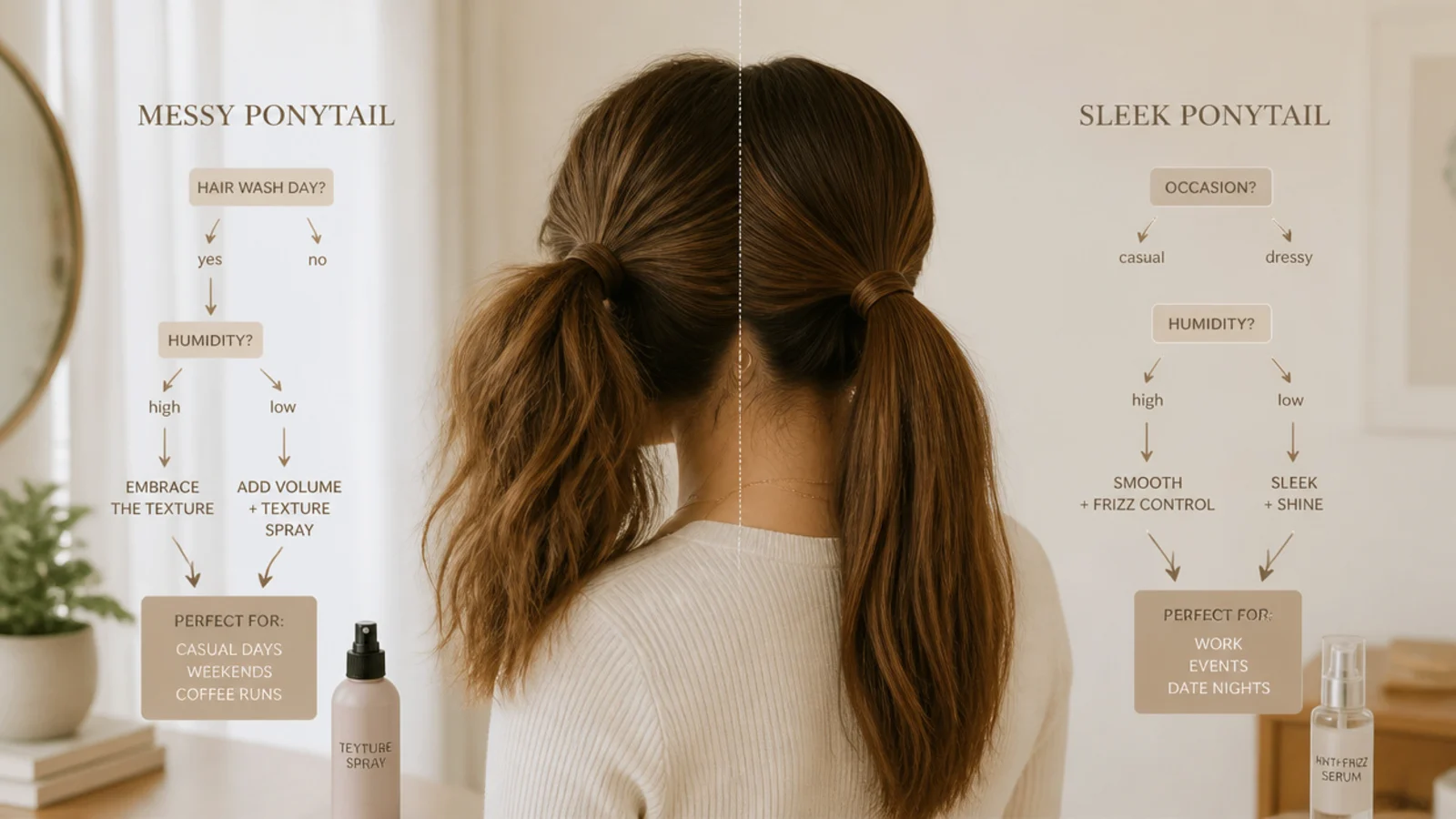 Decision flow comparing messy versus sleek ponytail by hair wash day humidity and occasion