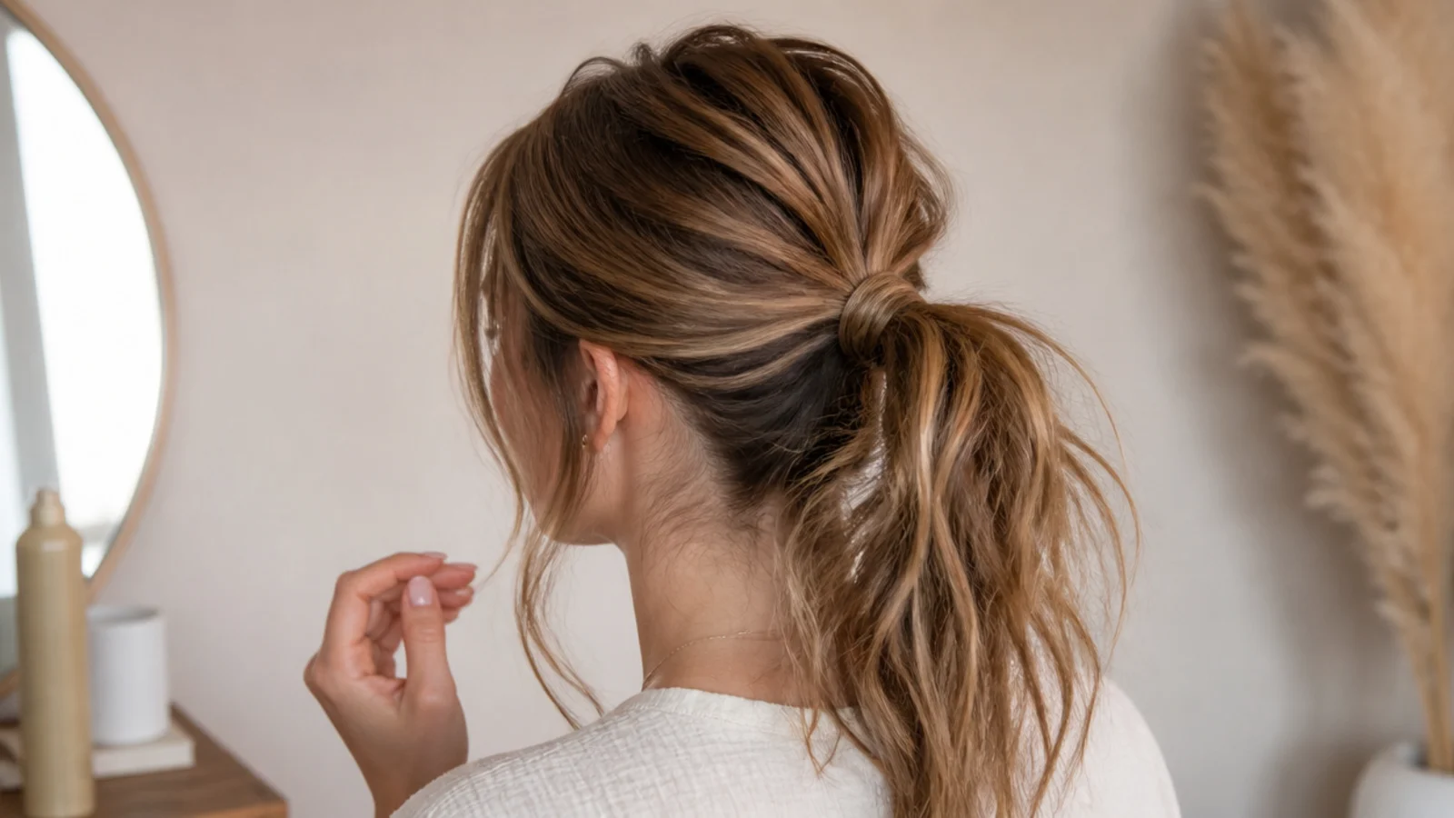 Close up of a messy ponytail with tugged crown sections and deliberate temple pieces pulled out