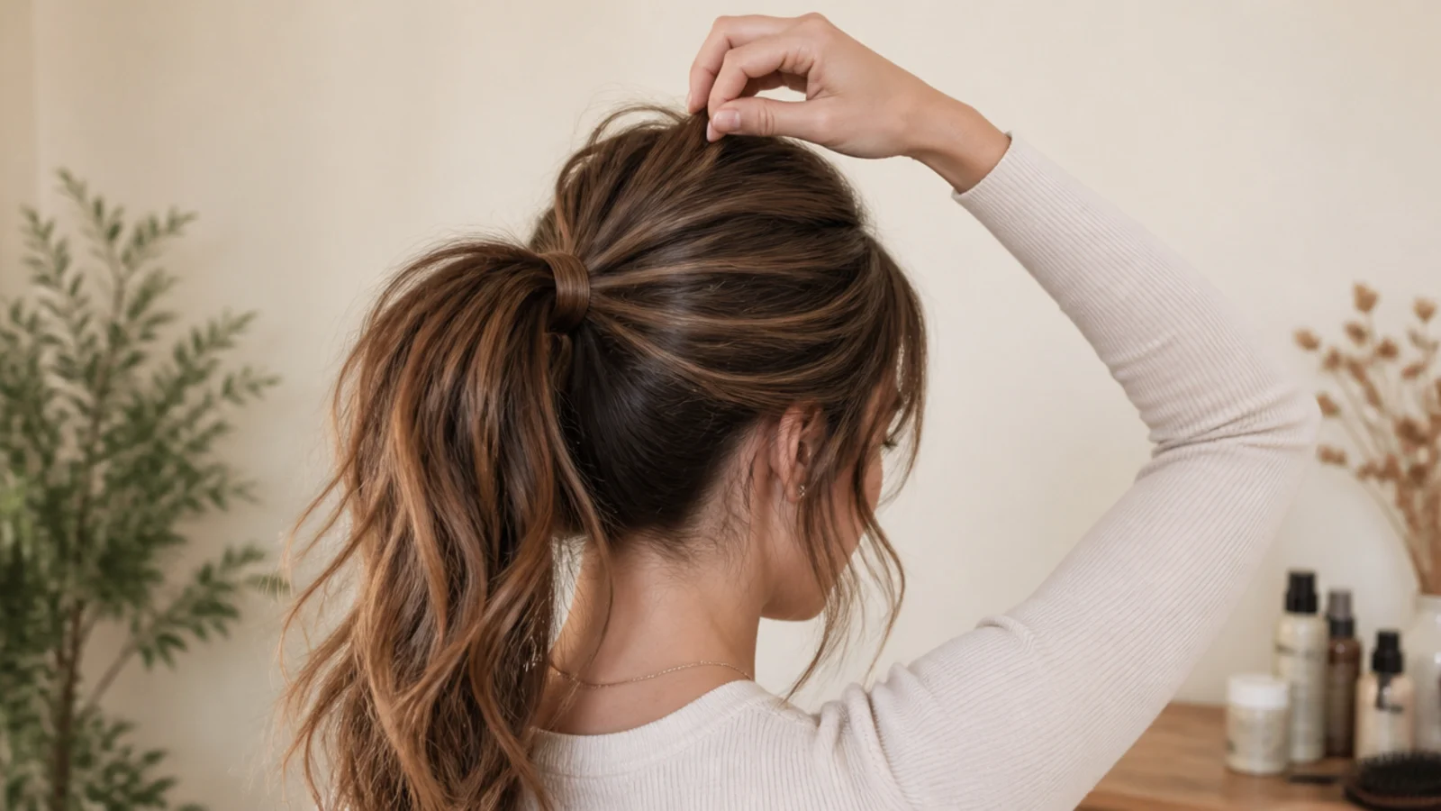 Crown sections being tugged upward for volume on a high messy ponytail with a wrapped elastic base