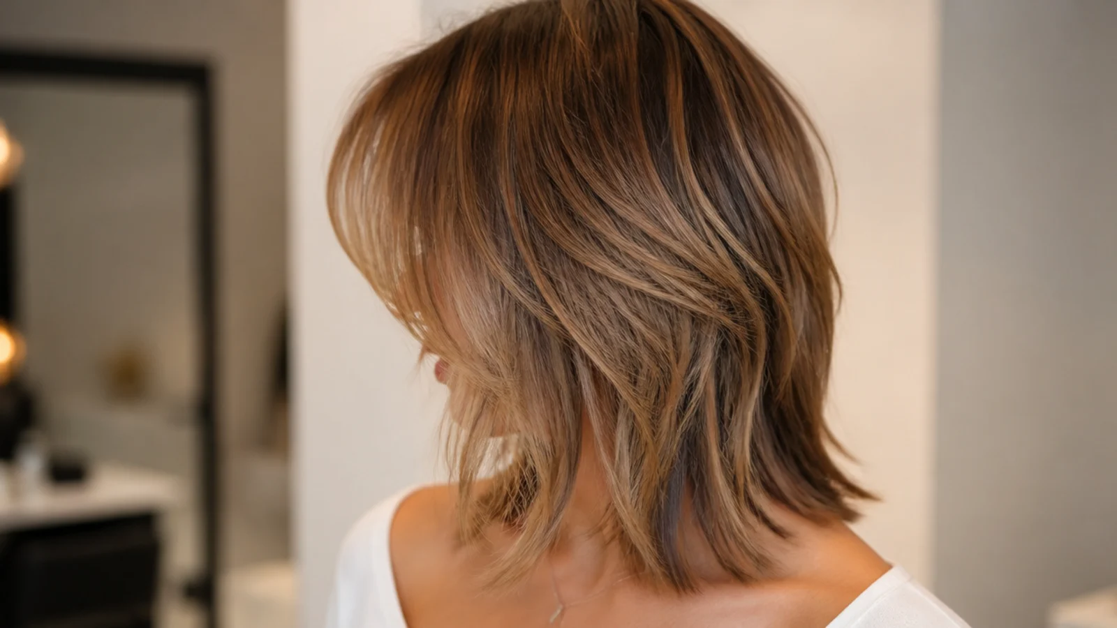 Choppy mid length shag haircut with curtain bangs split at the center and layers stacked at the crown