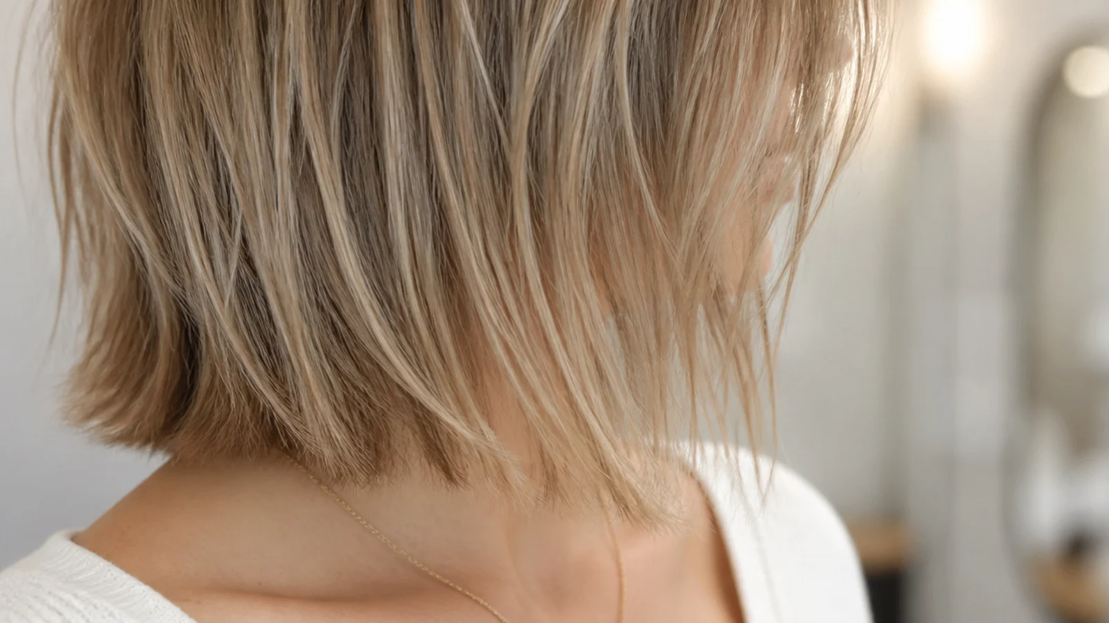 Fine straight hair in a choppy lob just above the collarbone with lightly point-cut ends