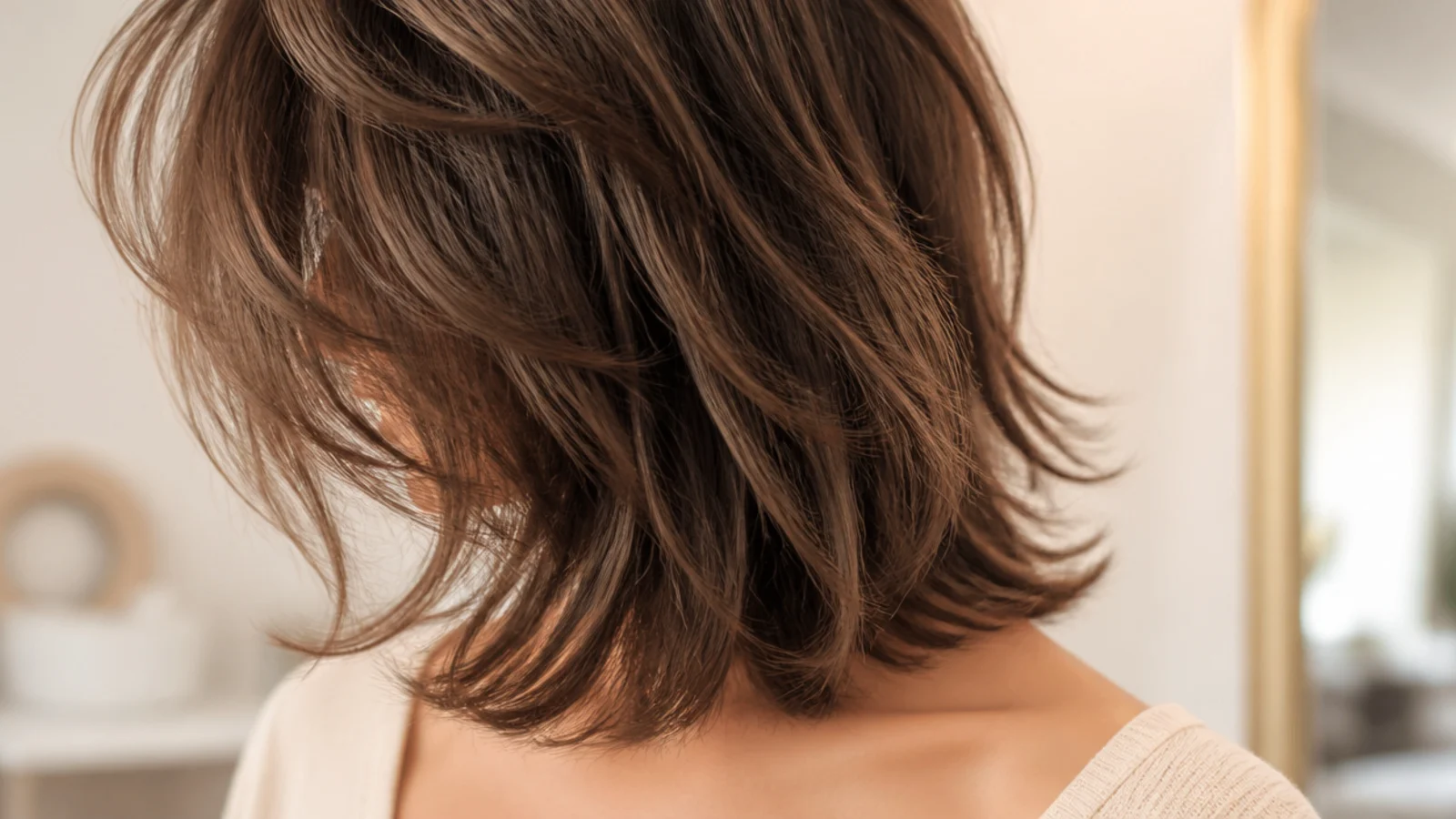 Thick coarse hair cut into razored choppy layers at shoulder length with tapered feathered ends