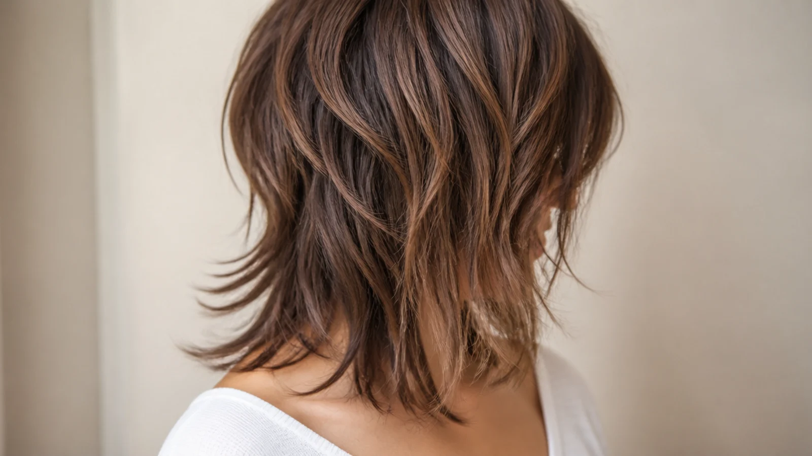 Choppy mid length wolf cut with short disconnected crown layers and wispy shoulder length ends