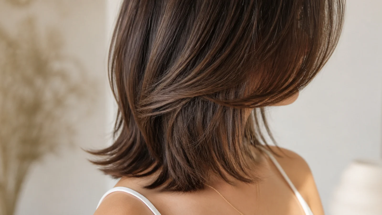 Choppy butterfly cut at collarbone length with short blended face-framing layers and full length at the back