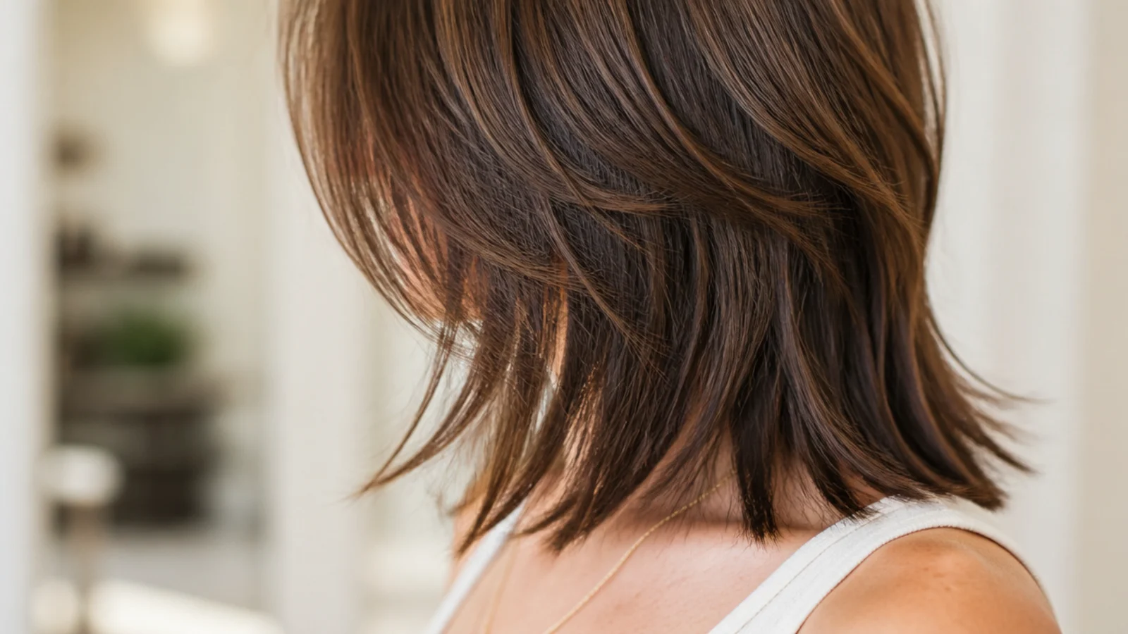 Choppy face-framing layers starting at the jaw on collarbone length brown hair