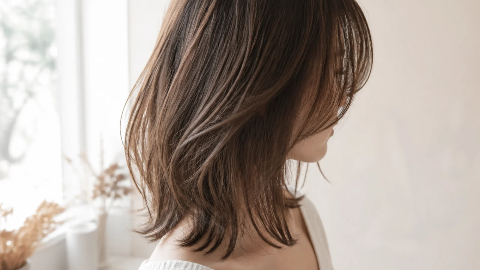Choppy mid length haircut with wispy see-through bangs falling to the eyebrow