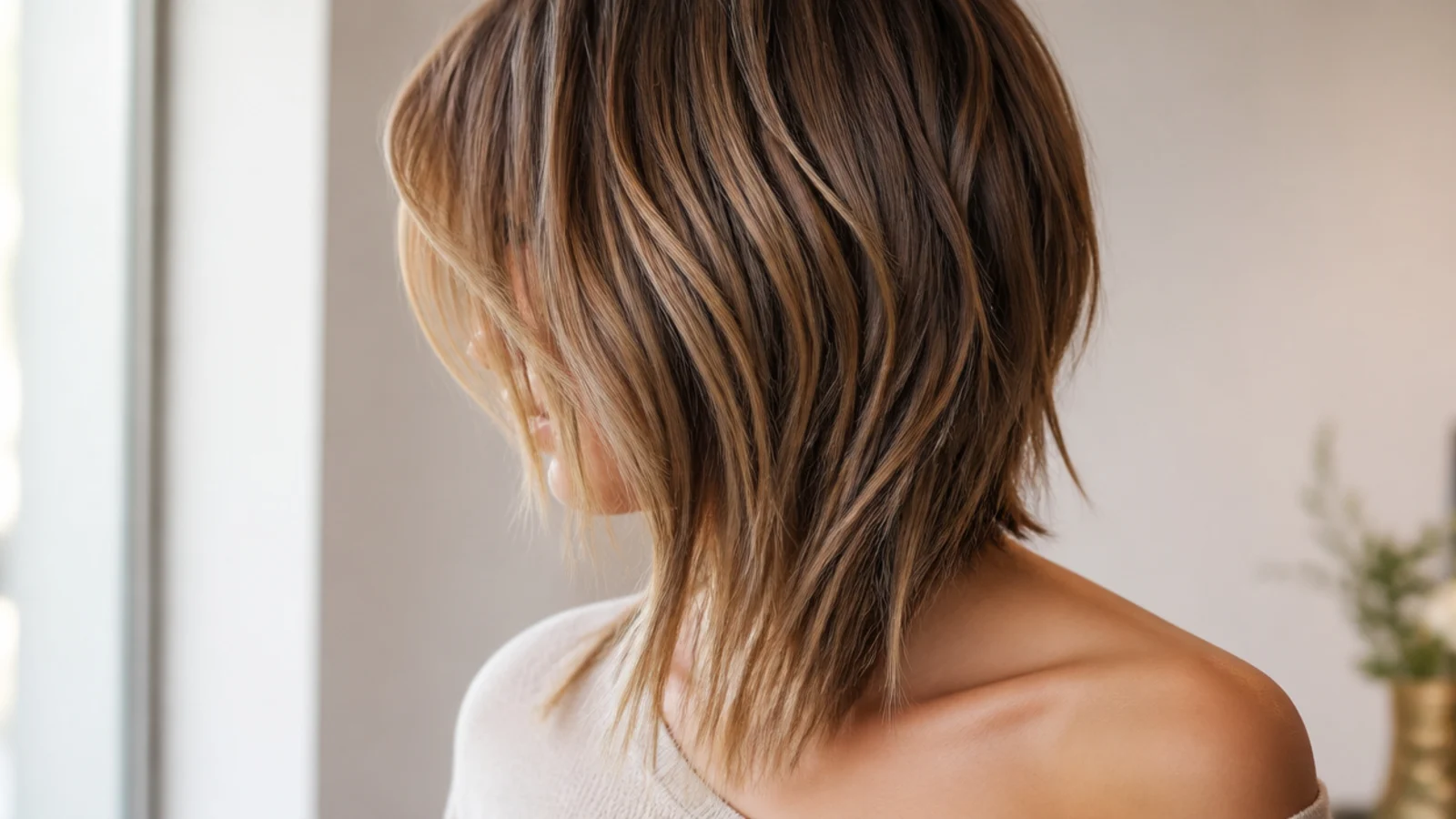Asymmetrical choppy mid length cut with one side at the jaw and the other below the collarbone