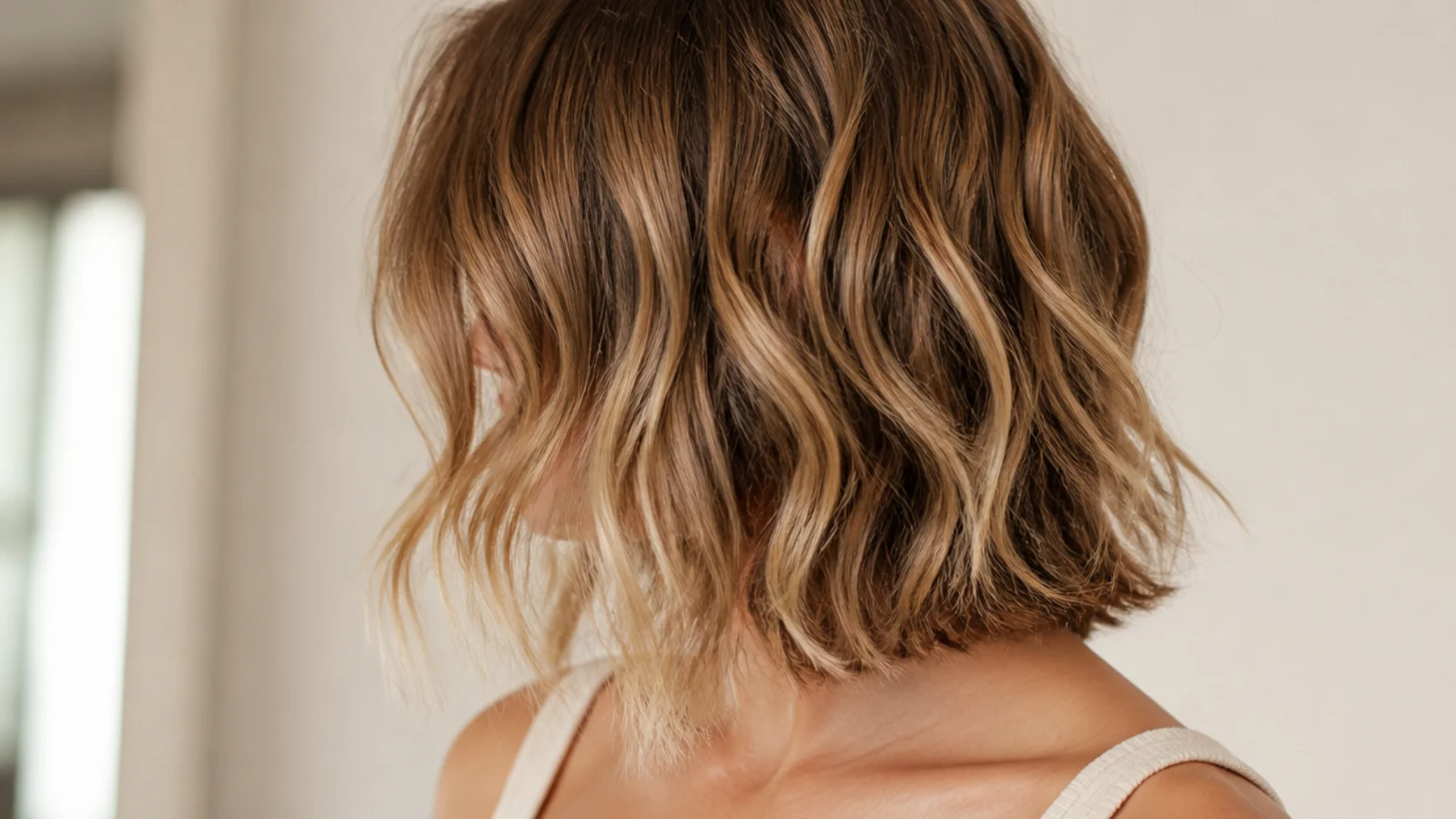 Choppy layers cut into 2B waves at collarbone length showing defined S bends and separated ends