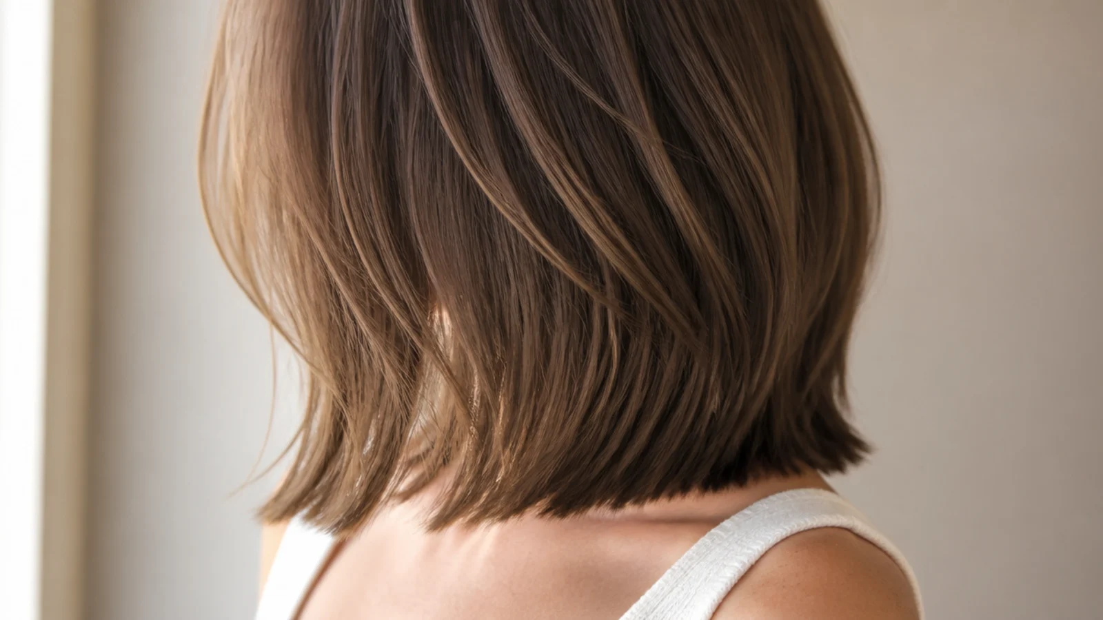Choppy interior layers with a blunt collarbone perimeter creating a thick straight bottom line