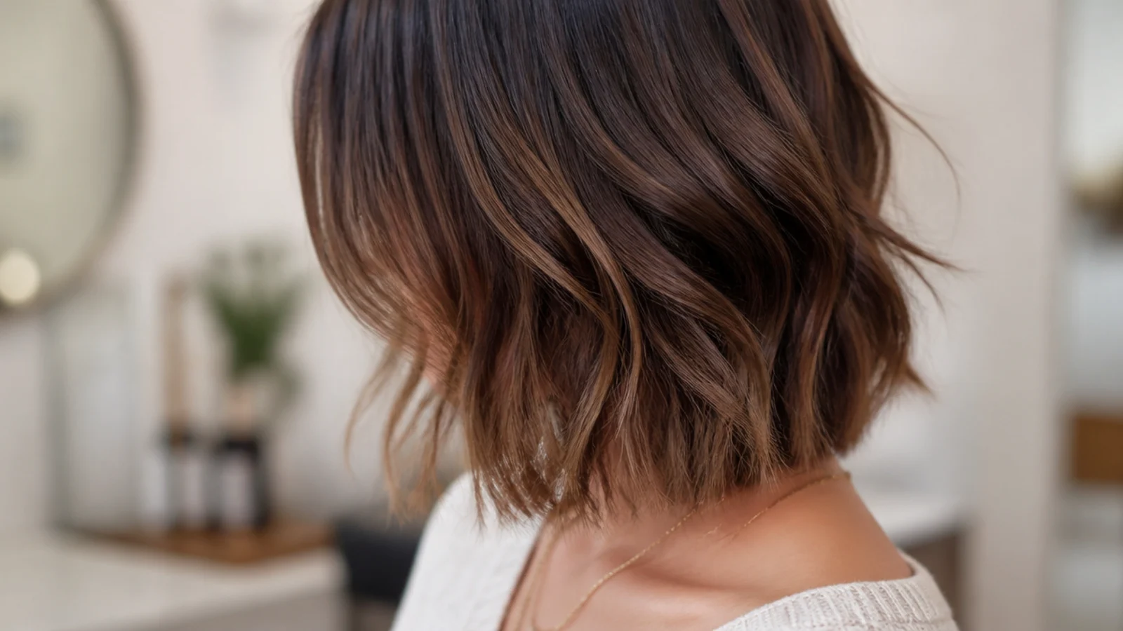 Choppy mid length haircut with brunette balayage lighting the ends so the layers read clearly