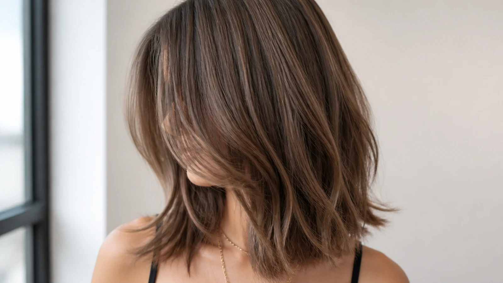 Middle-part choppy mid length cut with symmetrical face-framing pieces falling either side of the face
