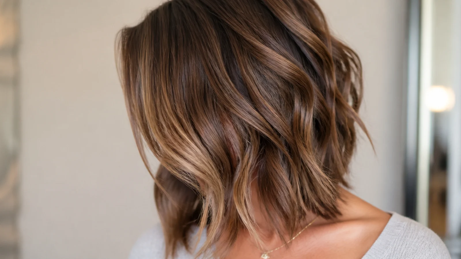 Deep side part choppy mid length cut with volume at the crown and a long sweeping front piece