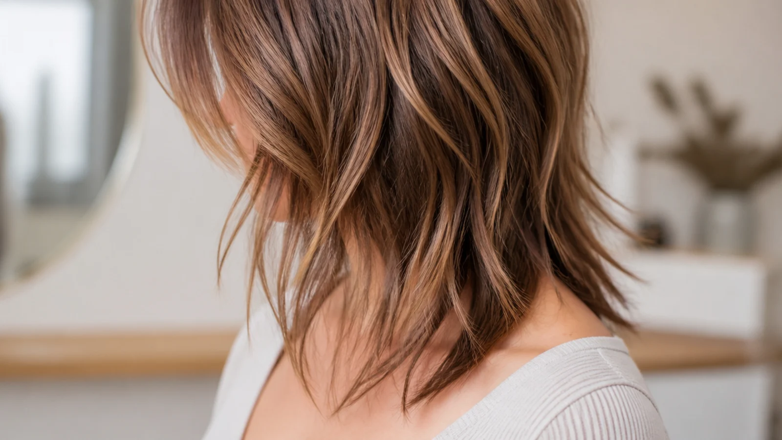 Choppy mid length cut for a round face with layers starting below the jaw and length past the collarbone