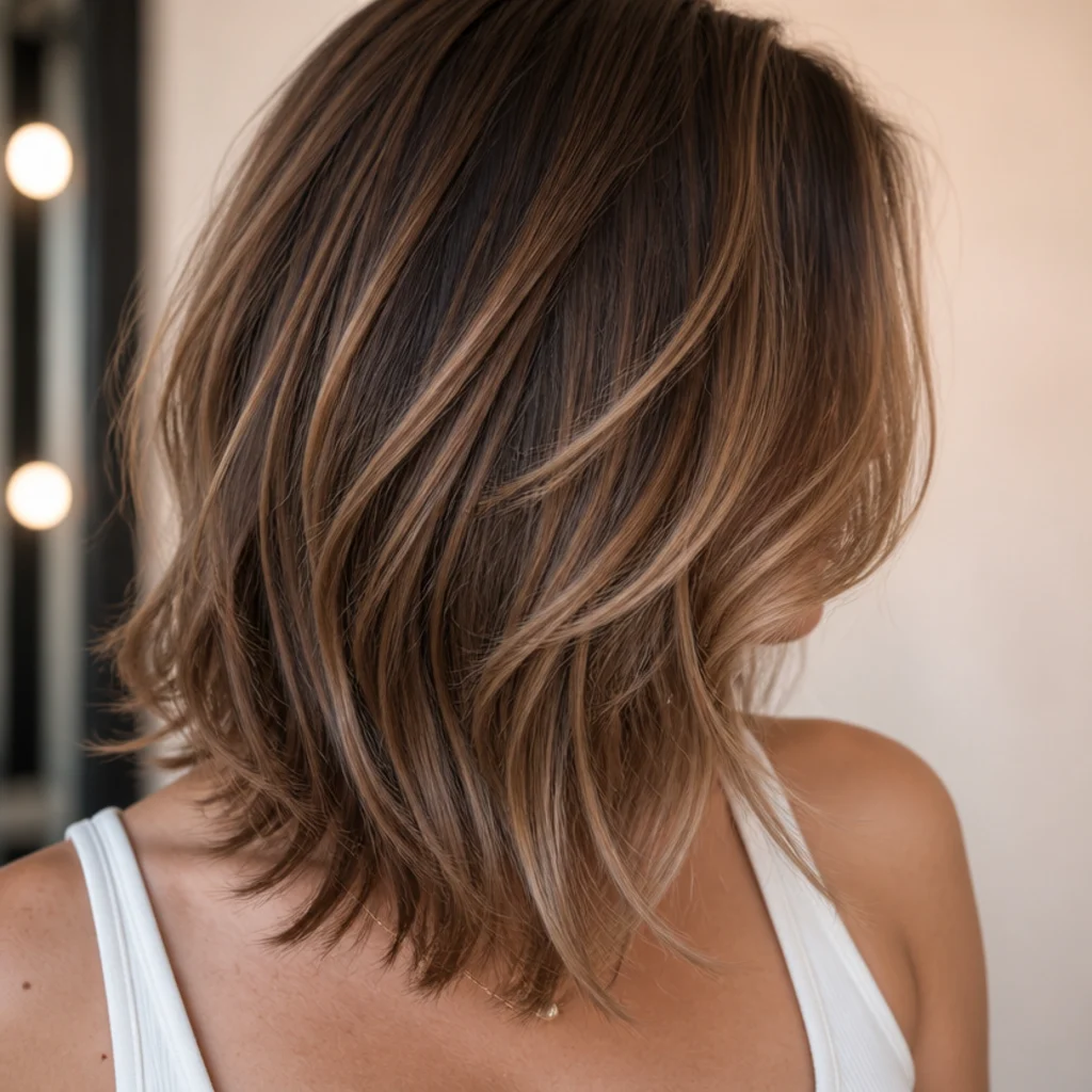 Choppy mid length cut for a square jawline with soft curved face-framing layers over the jaw corners