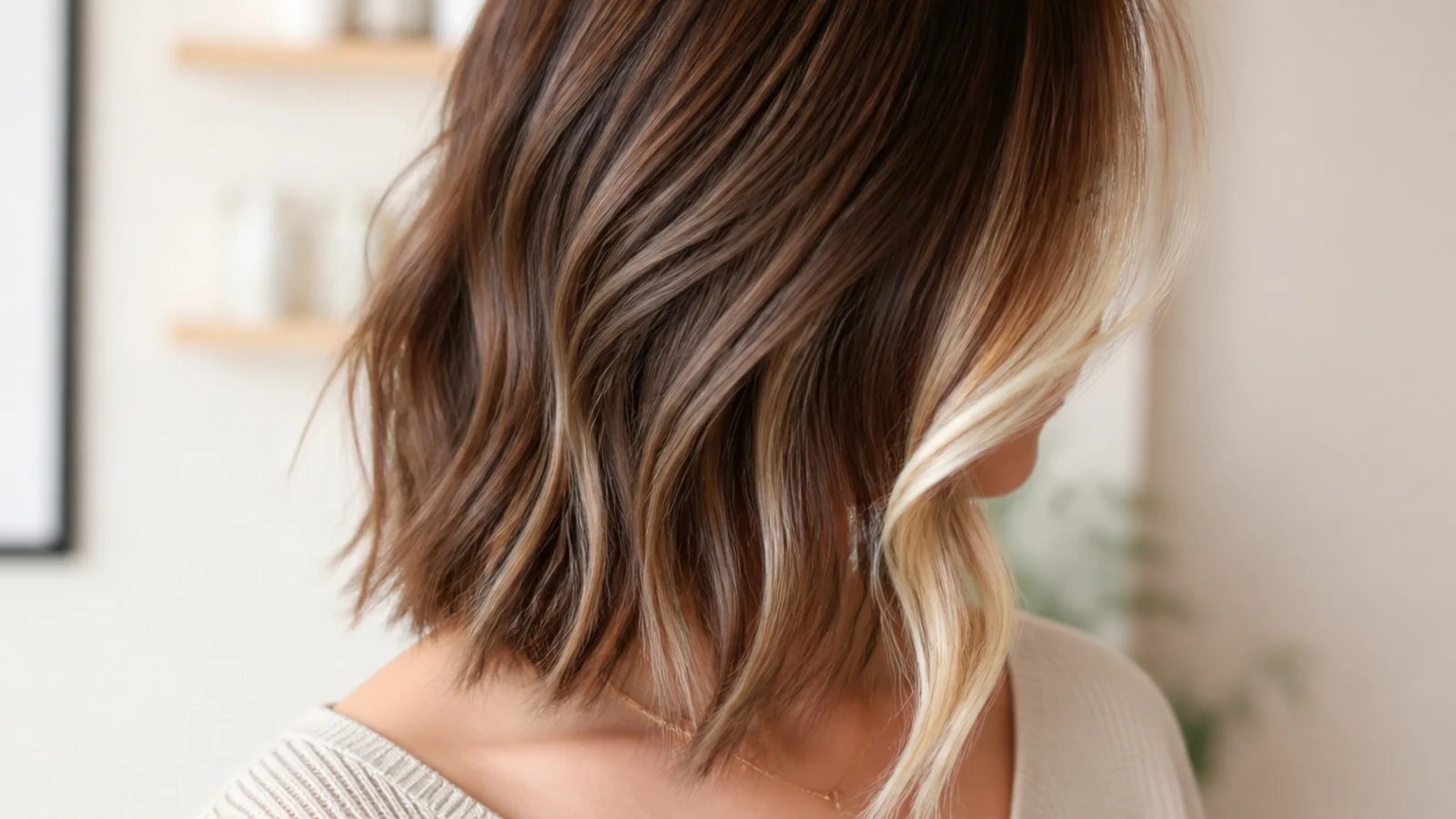 Choppy mid length cut with a bright money piece lightening the two front face-framing sections