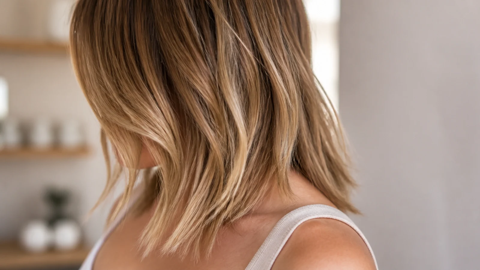 Grown-out choppy mid length cut at twelve weeks with softened ends and layers sitting lower