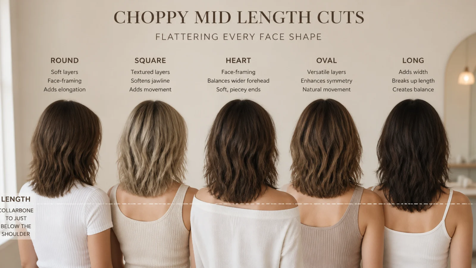 Choppy mid length haircuts compared across round, square, heart, oval and long face shapes