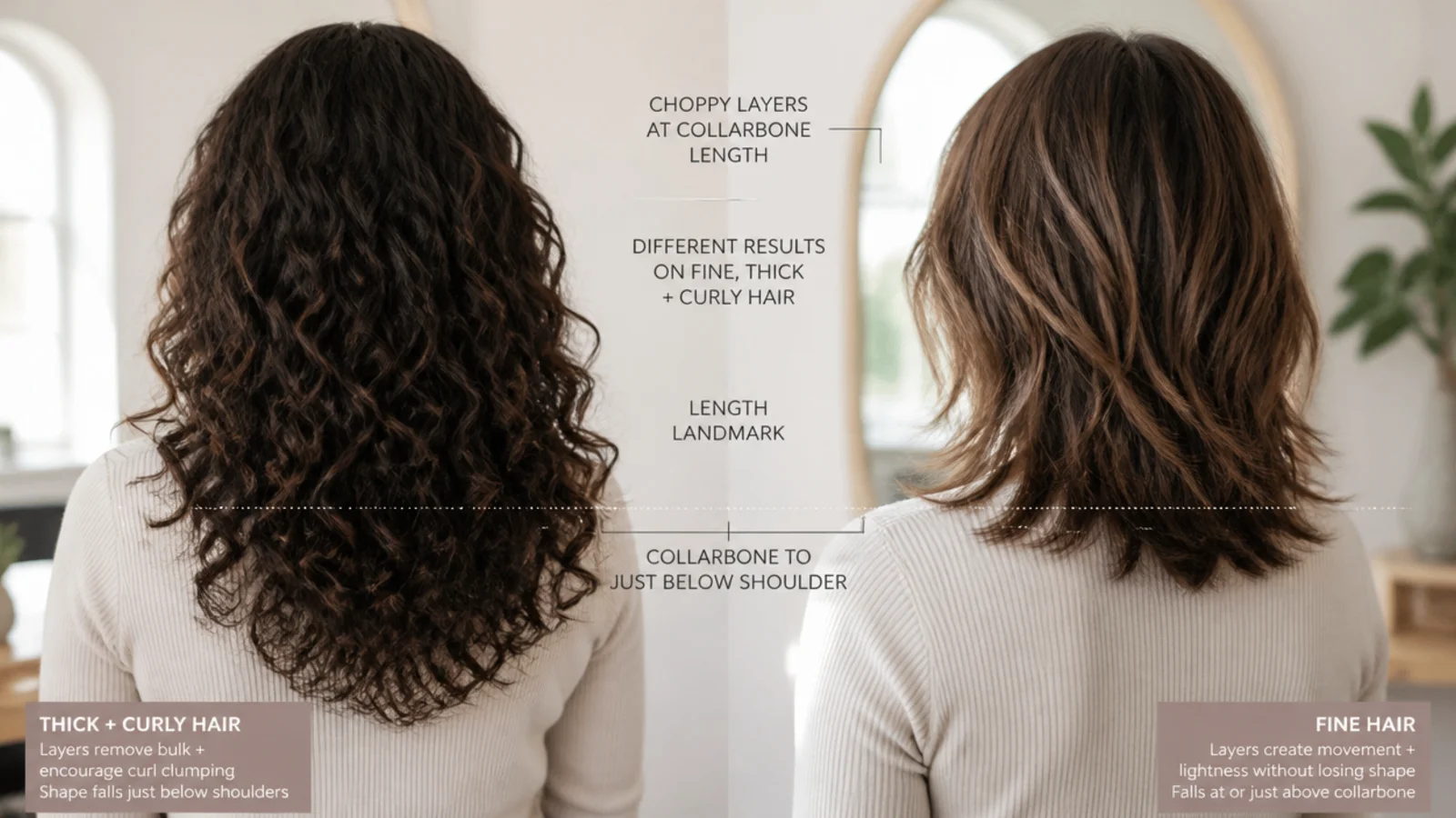 Fine, thick and curly hair compared with choppy layers at collarbone length showing different results