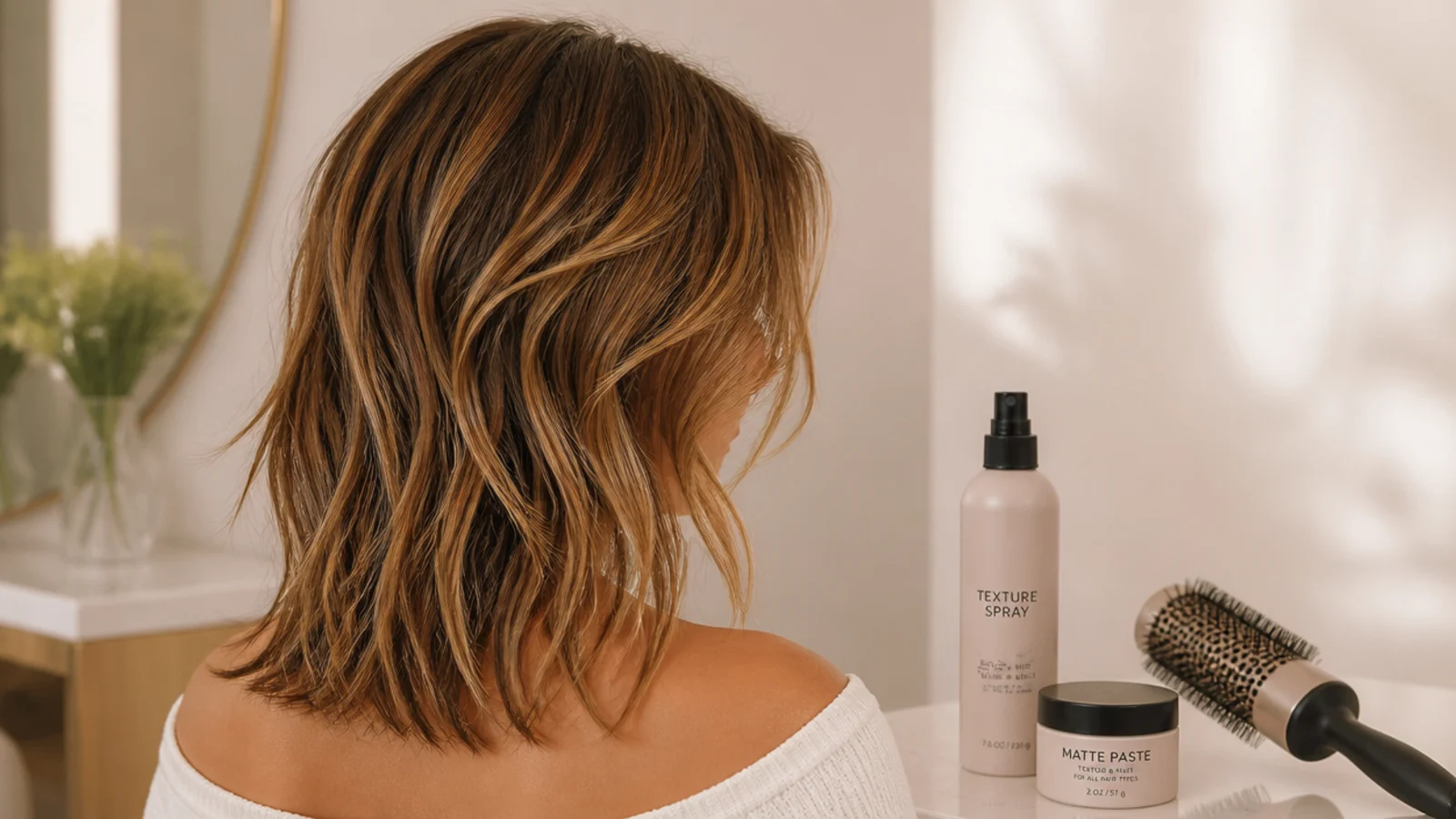 Texture spray, matte paste and a round brush laid out for styling a choppy mid length haircut
