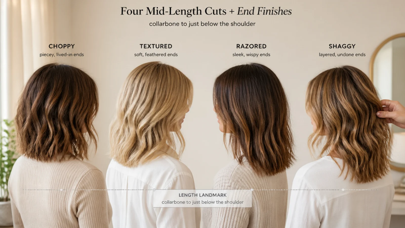 Four mid length haircuts compared showing choppy, textured, razored and shaggy end finishes