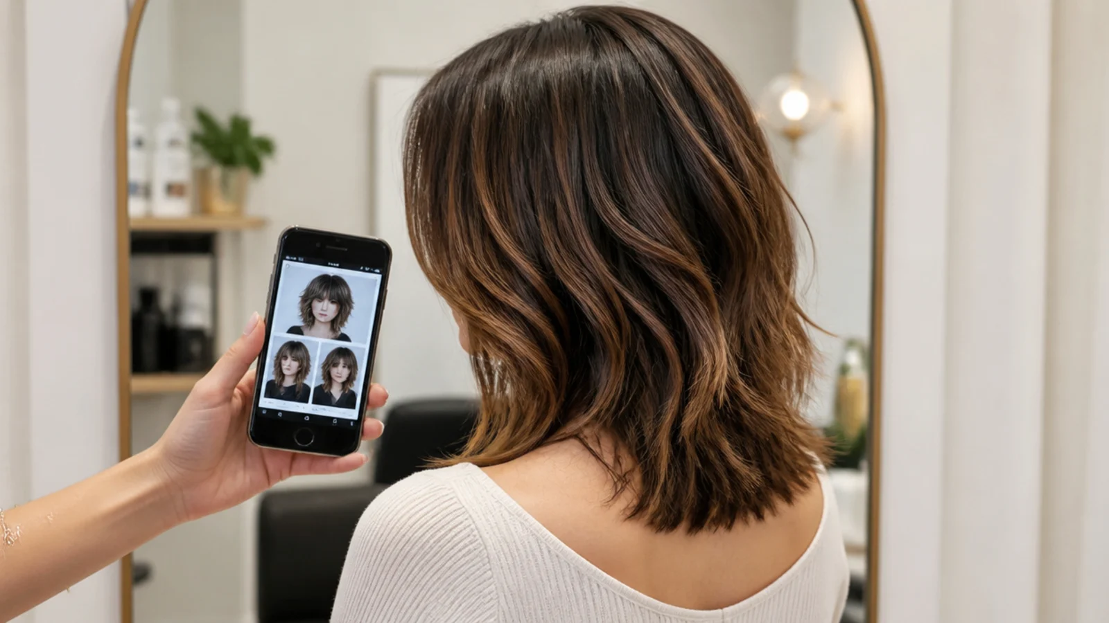 Phone showing choppy mid length haircut reference photos held up at a salon mirror