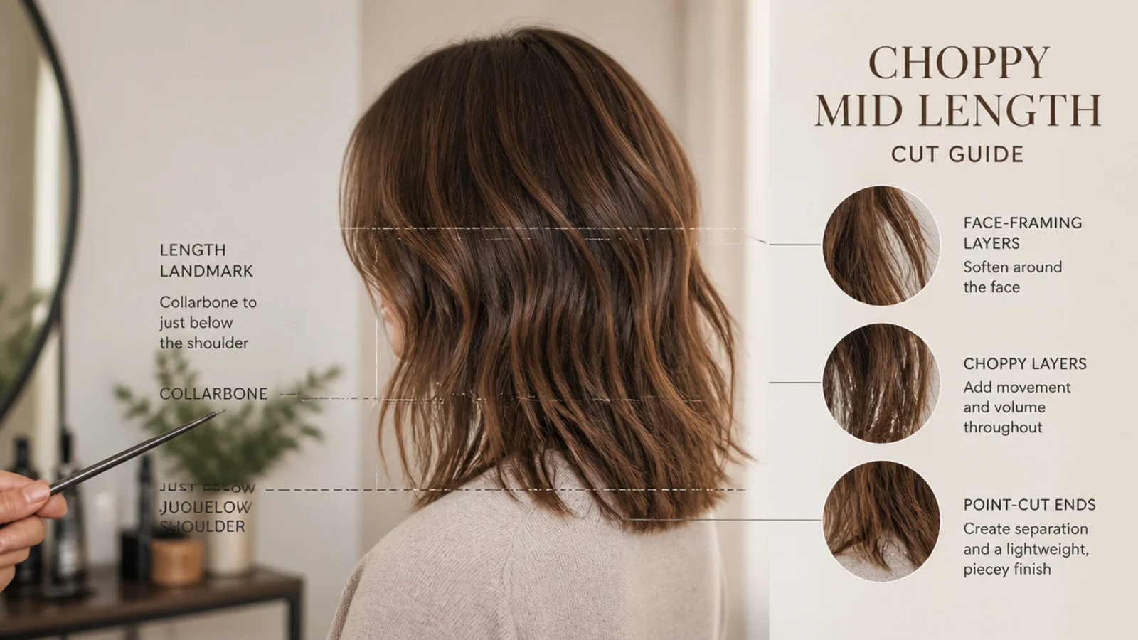 Diagram of a choppy mid length haircut showing collarbone perimeter and point-cut separated ends