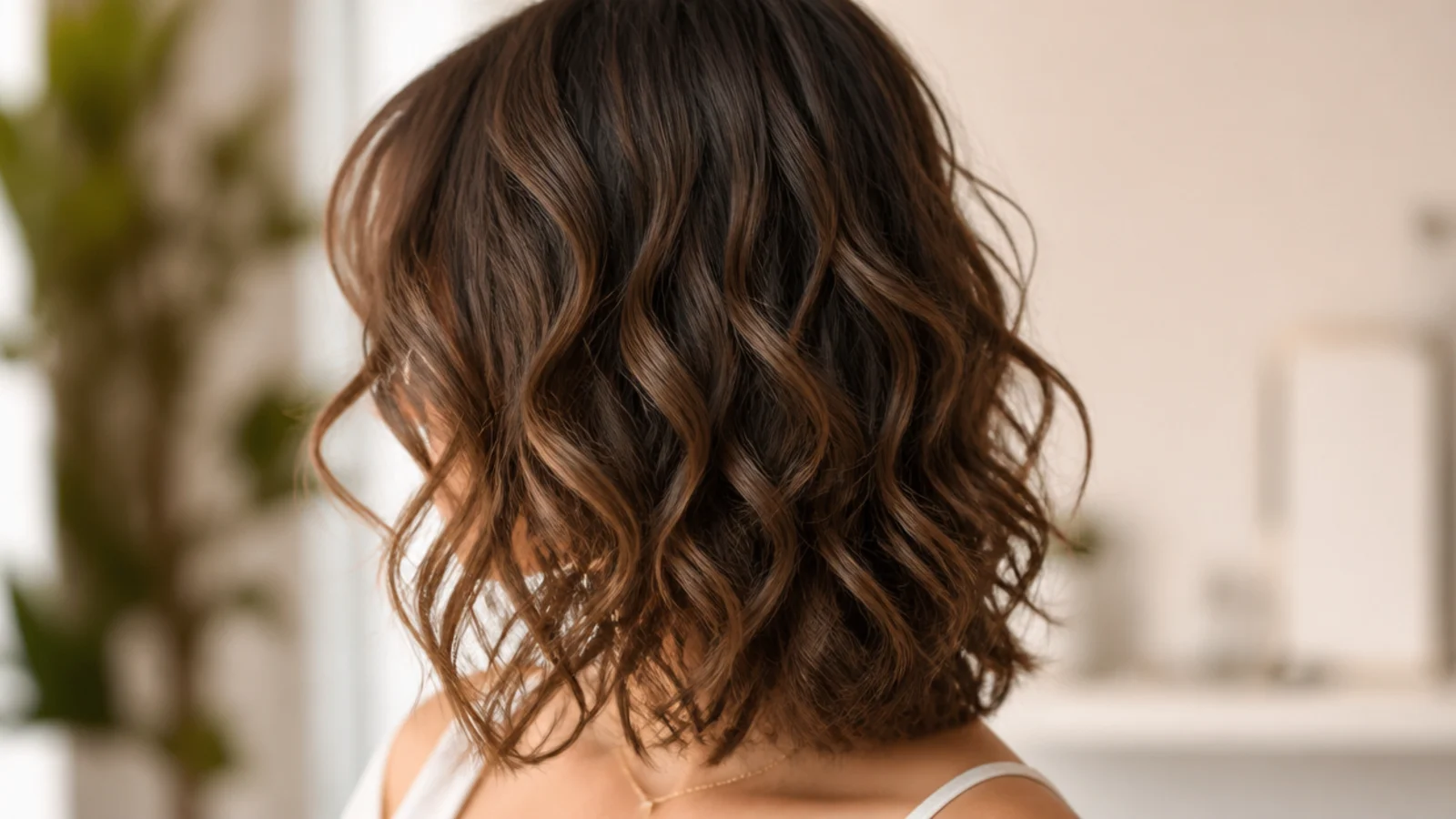 Curly mid length shag haircut on 2C waves with crown layers and shoulder length ends